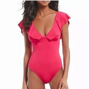 NWTs Trina Turk Indo Ruffled Open-back V-neck One Piece Swimsuit Fuchsia (12)